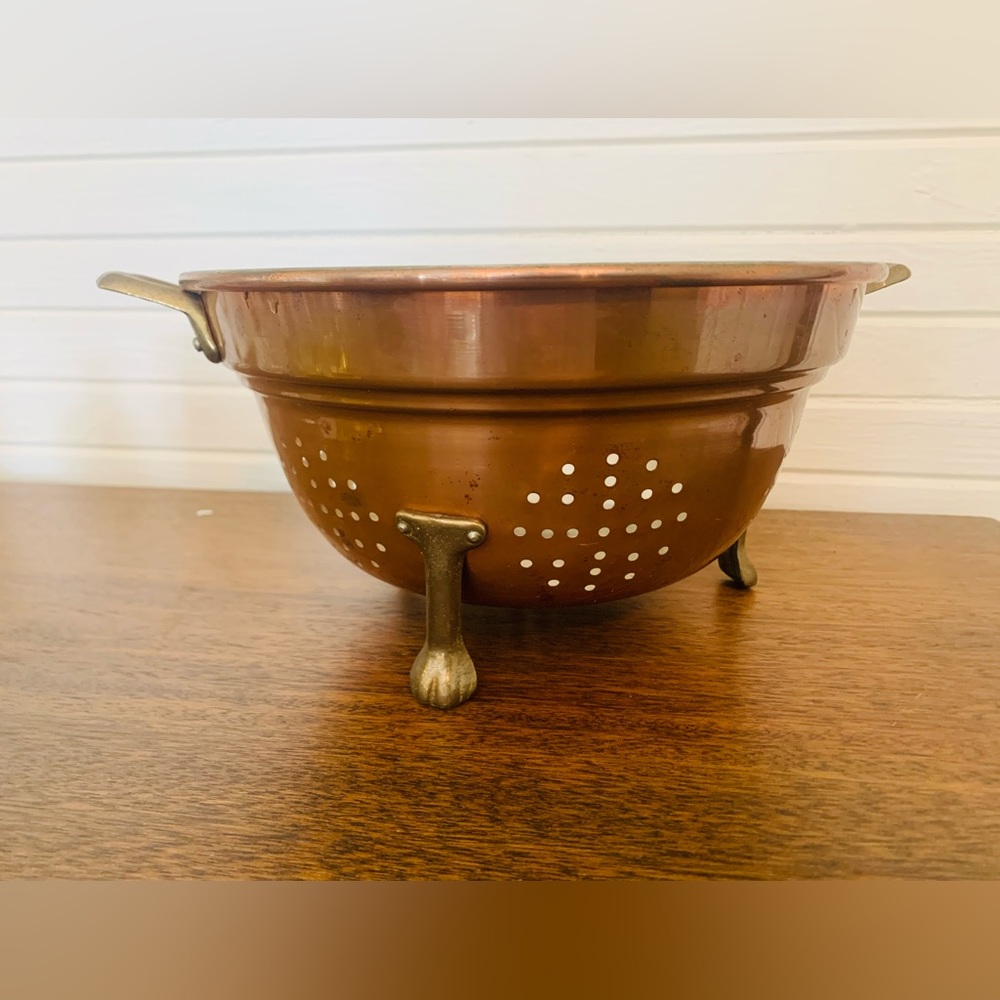 Vintage Small Copper Strainer Colander Brass Claw Feet And Handles